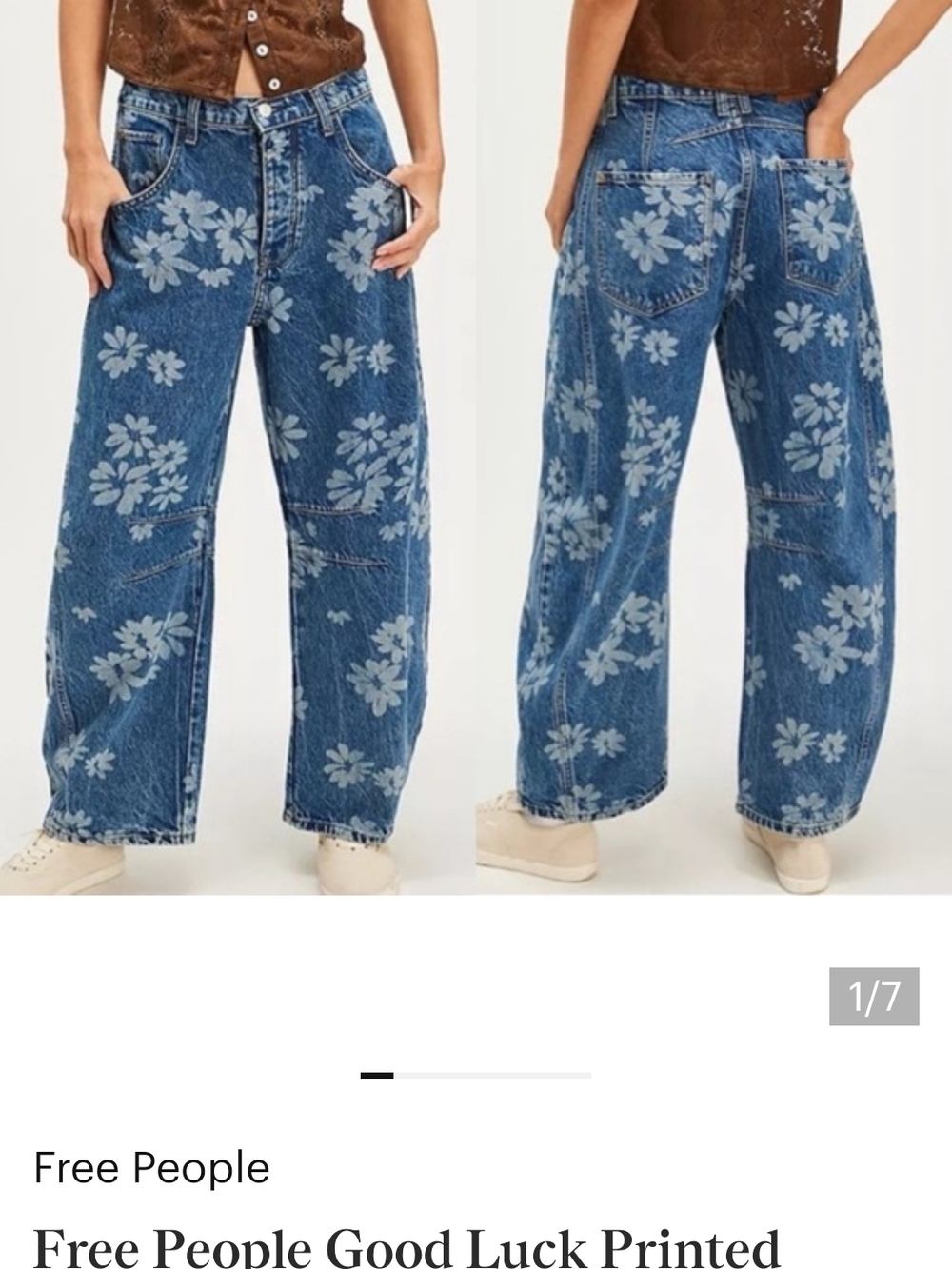 Free People 'Good Luck' Printed Wide-Leg Jeans - Blue Floral, Worn Once